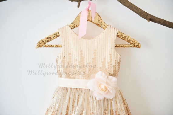 Rose Champagne Sequin Flower Girl Dress Junior Bridesmaid Wedding Party Dress M0027