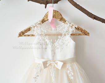 Illusion Sheer Lace Flower Girl Dress M0062