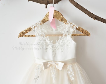 Illusion Sheer Neck Ivory Beaded Lace Champagne Tulle Wedding Flower Girl Dress M0062