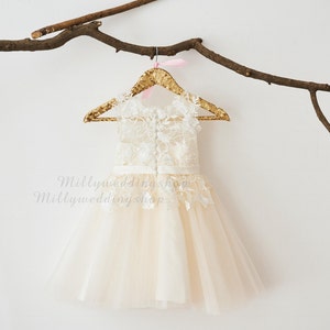 Ivory Lace Champagne Tulle Flower Girl Dress with Bow Belt M0049 image 4