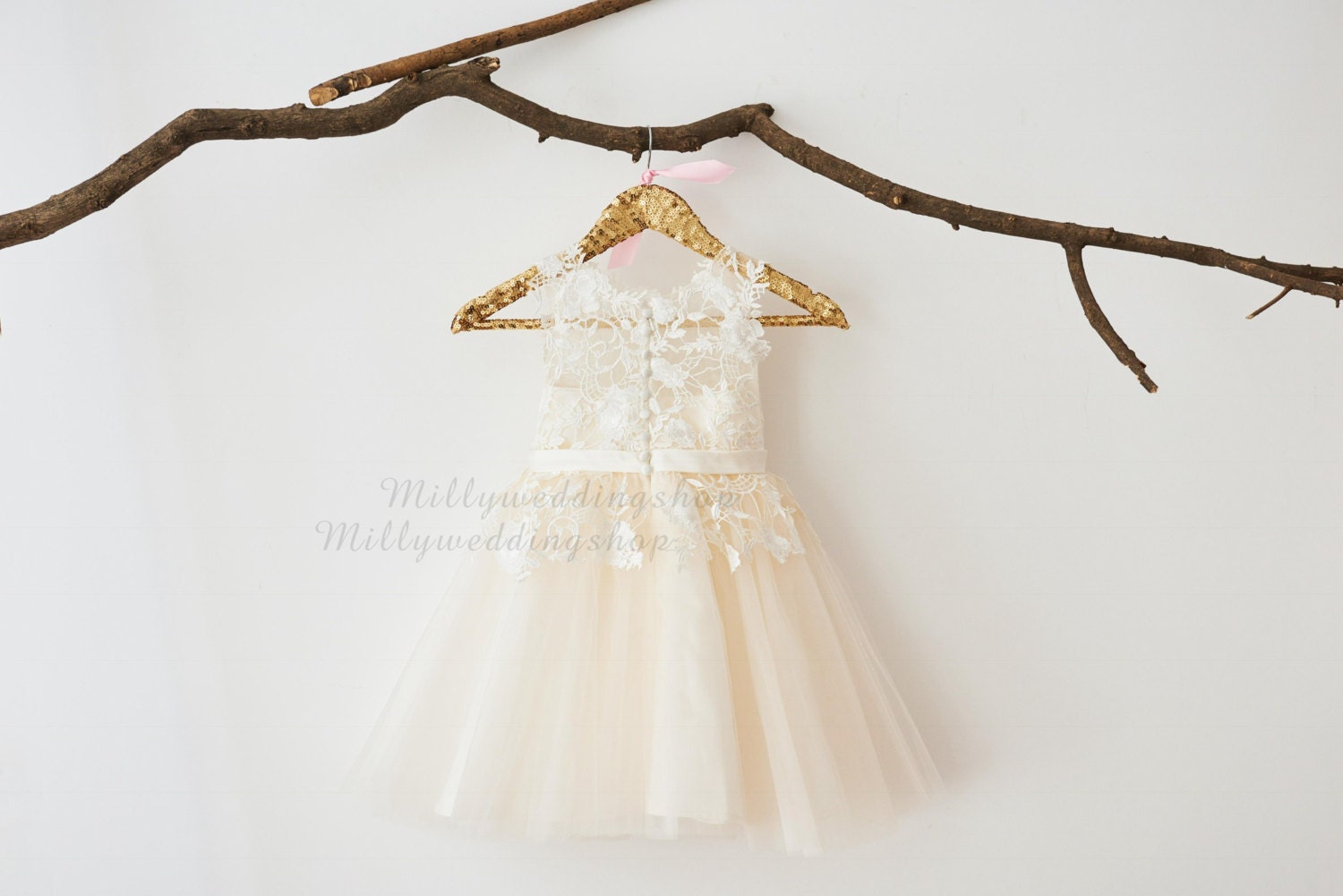 Ivory Lace Champagne Tulle Flower Girl Dress with Bow Belt M0049