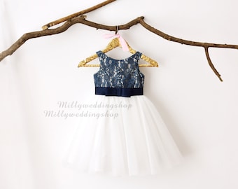 Navy Blue Lace Ivory Tulle Flower Girl Dress M0029