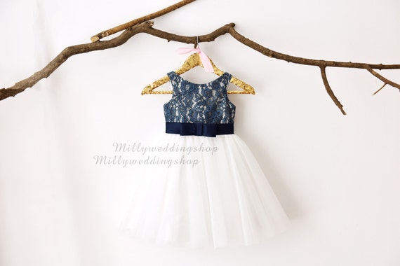 Navy Blue Lace Ivory Tulle Flower Girl Dress M0029