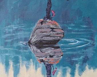 Acrylic Canvas Painting Tree Reflected in Water Warm Teal