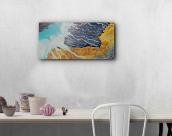 Acrylic Abstract Canvas Painting of Ganges River Teal and Gold