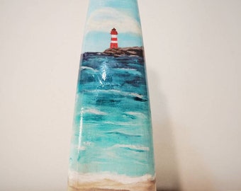Hand Painted Upcycle Bottle Art Lighthouse Ocean Scene from Local Creek Clean Ups