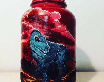 Upcycling Acrylic Bottle Art Tyrannosaurus Rex Painted on Large Pickle Jar from Creek Clean Up