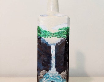 Upcycling Acrylic Bottle Art Waterfall Campfire Scene Woods Painted From Creek Clean Ups