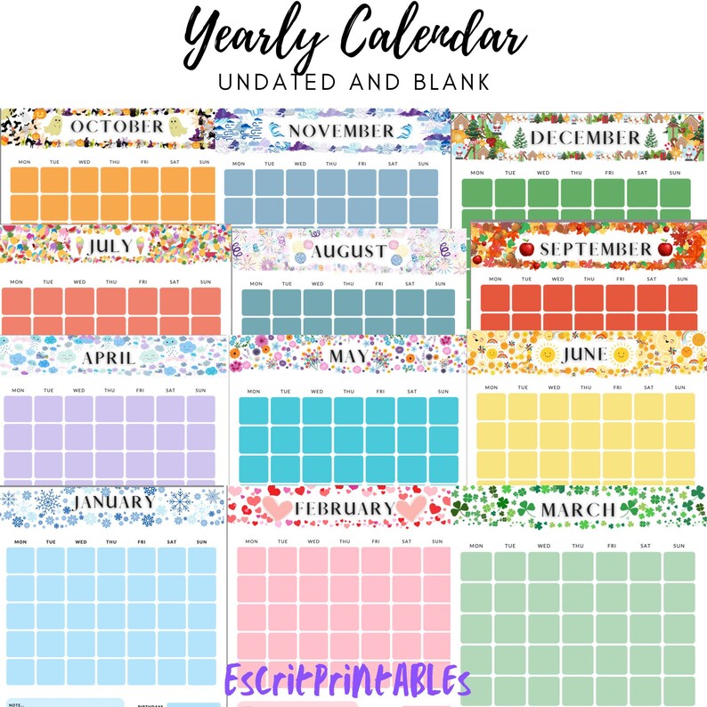 Blank 12 Month Calendar Cute Themes for Each Month - Etsy Canada