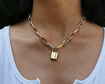Gold Padlock Necklace Gold Rectangle Chain Necklace Rectangle Chain Lock Necklace