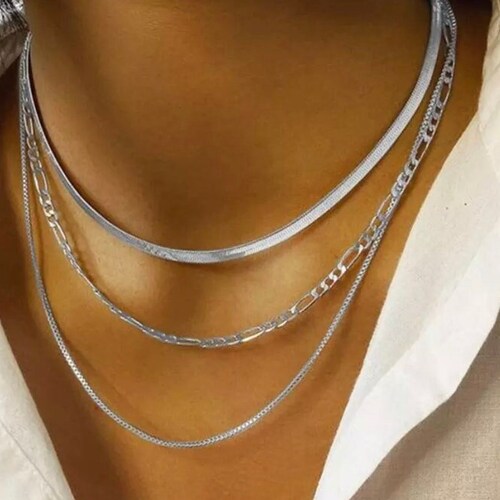 Layered Necklace Silver Multi Layer Necklace Set Layer Snake Etsy