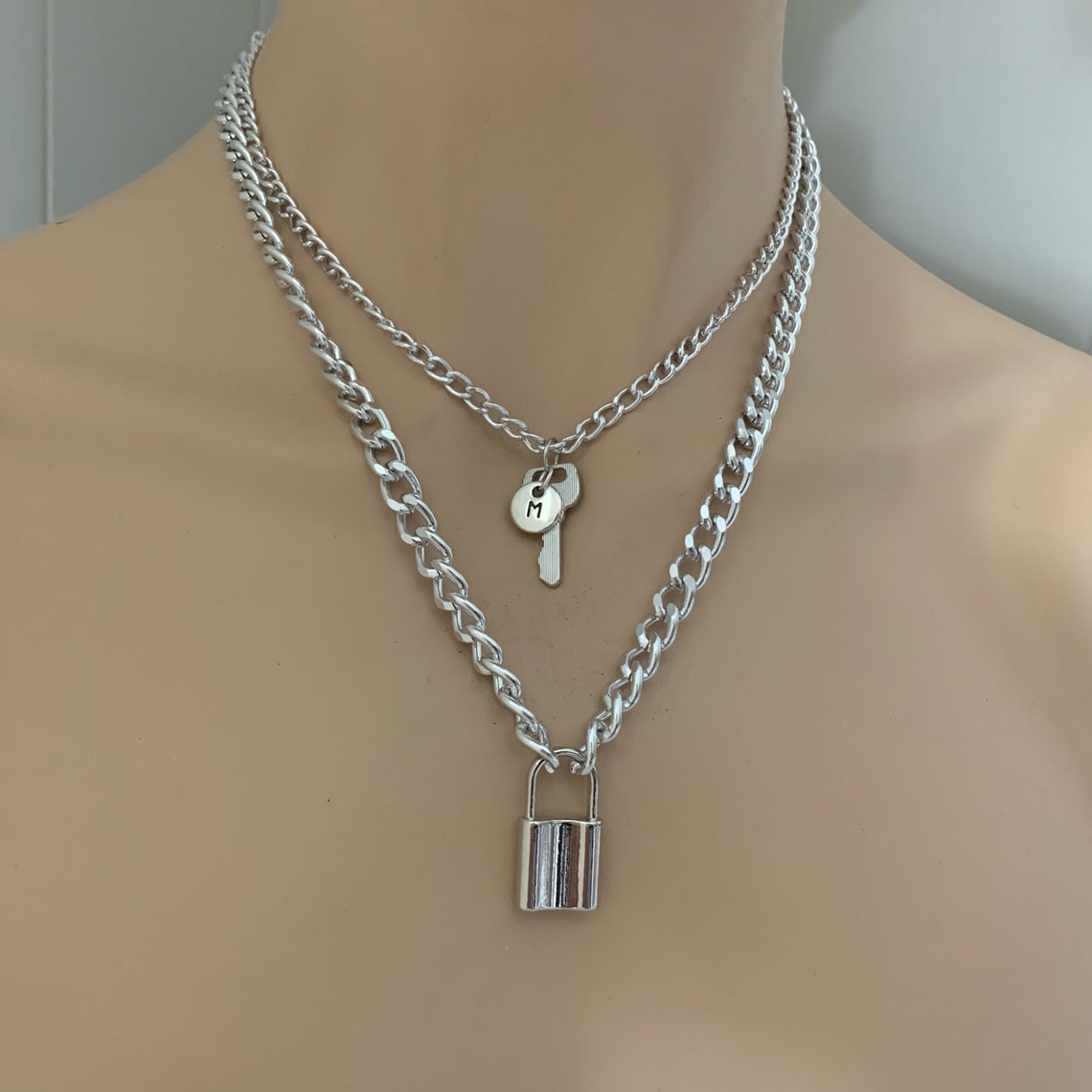 Personalized Layered Lock & Key Necklace Silver Lock Etsy