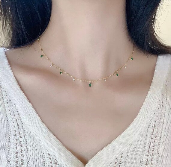 Available in Silver or Gold Dainty Emerald Necklace May Birthstone 
