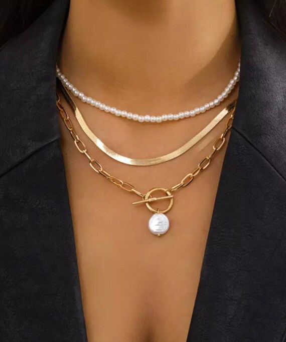 Layered Set Gold Toggle Necklace Pearl Jewelry for Her Etsy