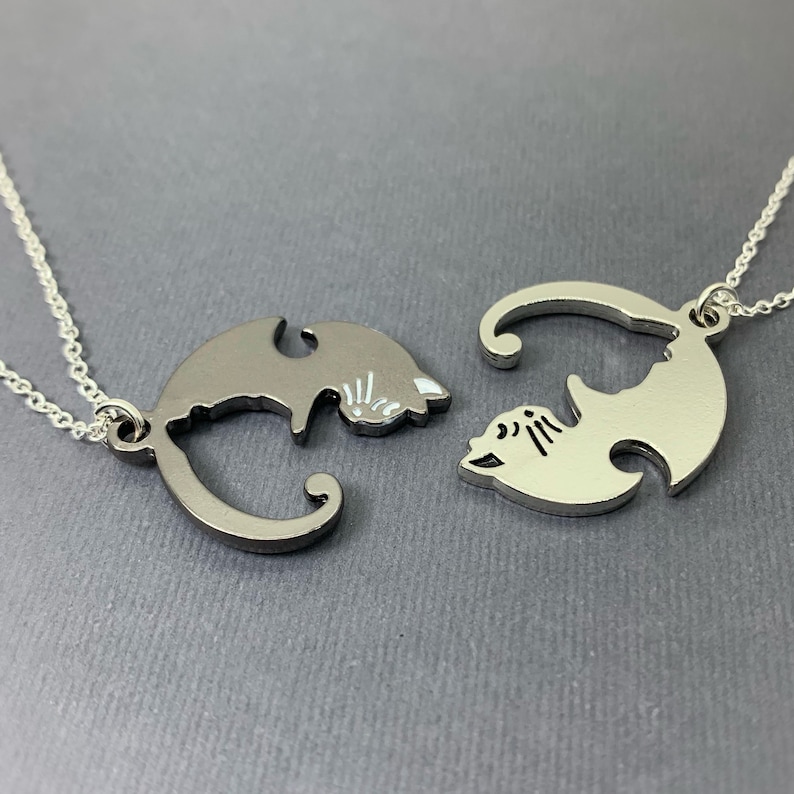 Cat Lover/'s Gift, 2 Cat Jewelry Cat Charm Necklace Sterling Silver Cat and Moon Gift Cat Necklace 2 friends Cat Necklaces Set of