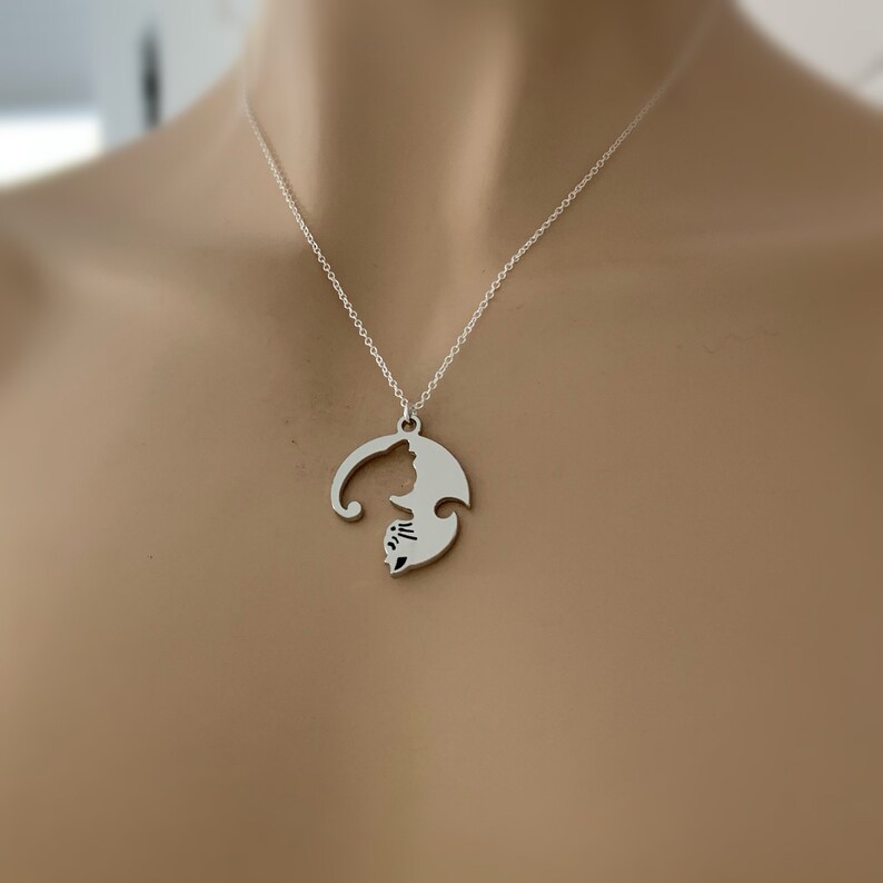 Cat Lover/'s Gift, 2 Cat Jewelry Cat Charm Necklace Sterling Silver Cat and Moon Gift Cat Necklace 2 friends Cat Necklaces Set of