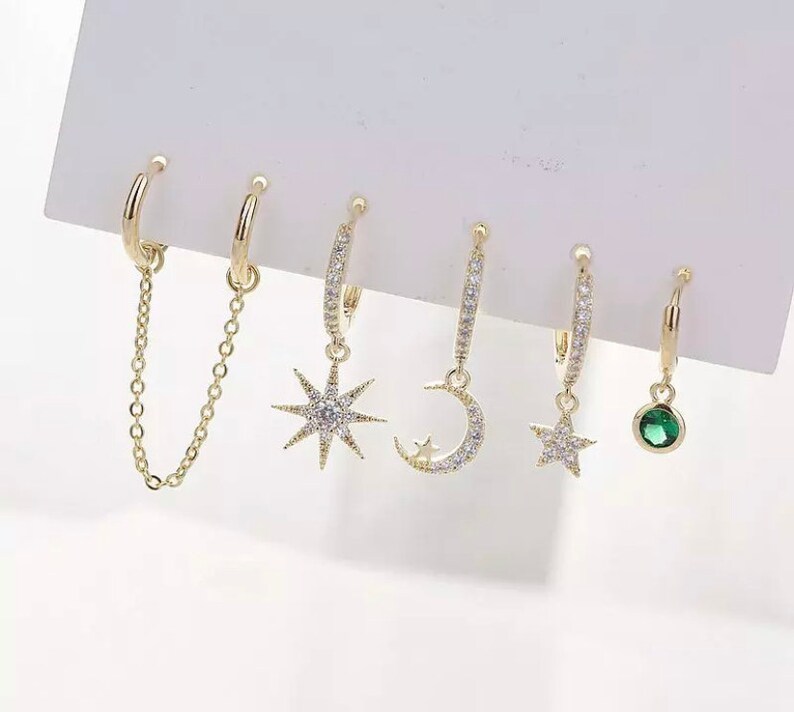 14K Gold Star Moon Earrings Mismatched Piercing Earrings- Jewelry Moon and Star Zircon Huggie Hoop- Gold Filled Multiple 6 Piece Earring Set 