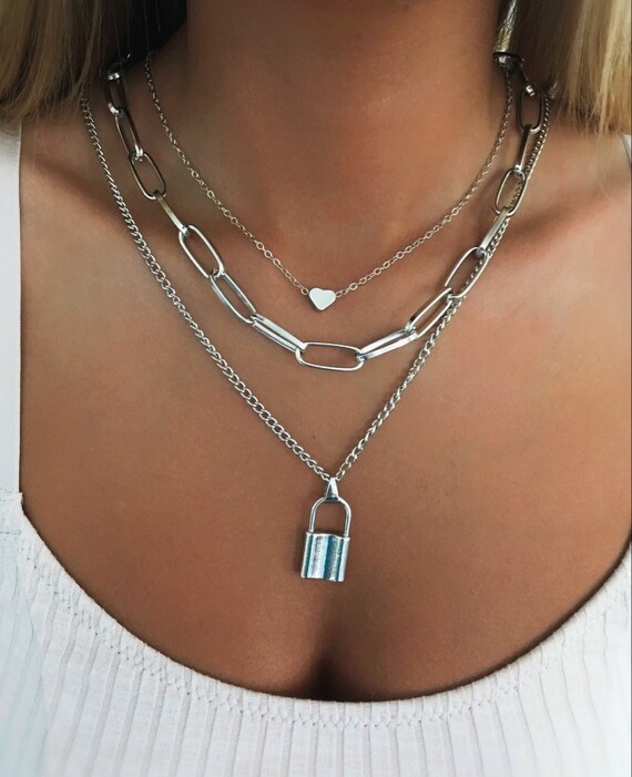 Lock Heart Multi-layered Chain Necklace Silver