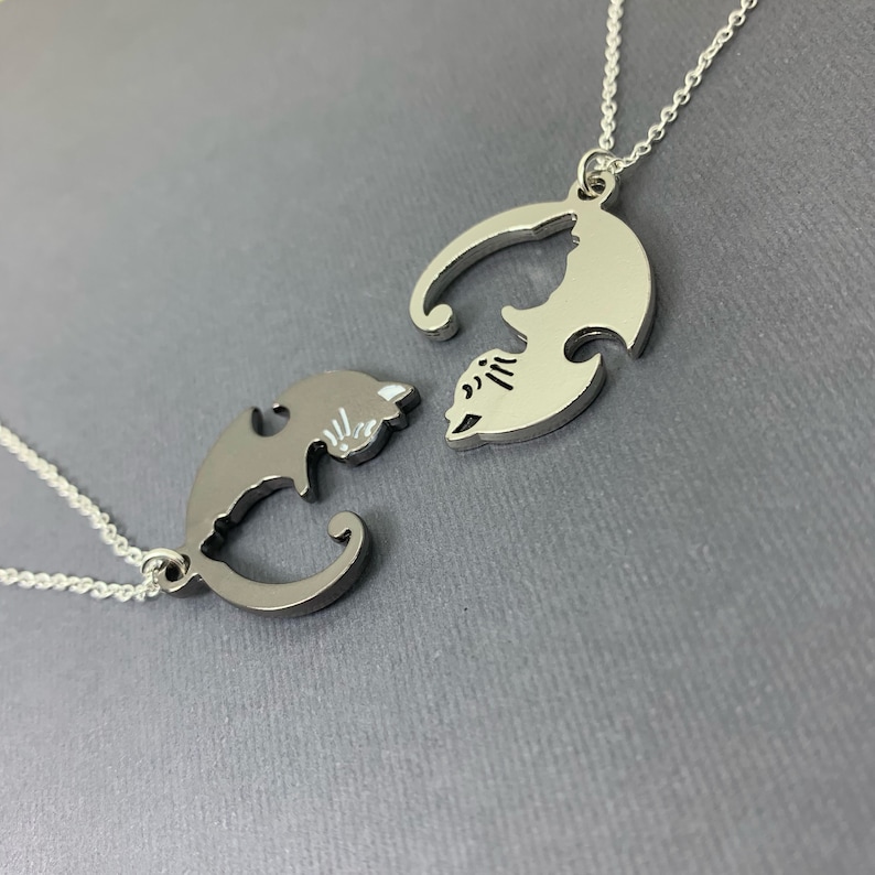 Cat Lover/'s Gift, 2 Cat Jewelry Cat Charm Necklace Sterling Silver Cat and Moon Gift Cat Necklace 2 friends Cat Necklaces Set of