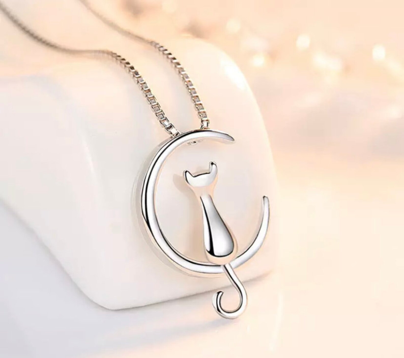 Sterling Silver Moon Cat Necklace Cat Charm Necklace Cat and Etsy