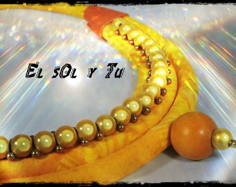 orange necklace EL SOL Y TU - ⅛ of yellow - magic beads sewn batik fabric - leather