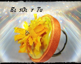 SOLD - Ring "El sol y you" - fabric (batik) shades of yellow - yellow, mini ceramic Rondelle miyuki beads and orange leather
