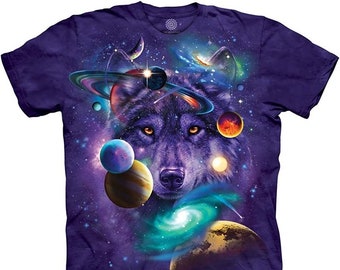 Wolf of The Cosmos Space Galaxy Stars Moon Wolves Pack Loyal Gray Wolf Dog Animal The Mountain Purple Cotton Adult T-Shirt S-3X