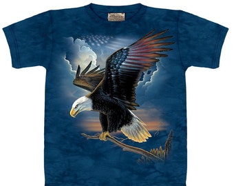 Águila calva americana, pájaro patriota, animal salvaje, águilas en vuelo, bandera, ojo, cielo, dios, libertad, victoria, la montaña, camiseta azul de algodón para adultos, talla S