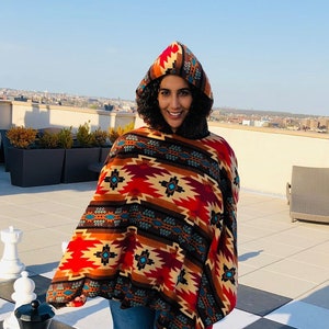 ZooFleece Orange Southwestern Aztec Tribal Indian American Hooded Women’s Poncho Cape