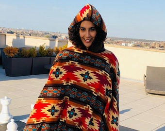 ZooFleece Orange Southwestern Aztec Tribal Indian American Hooded Women’s Poncho Cape