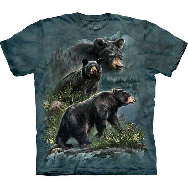 The Mountain Three Black Bears Cubs Grizzly Mama American Bears Animal Nature Gray Cotton Adult Shirt S-M
