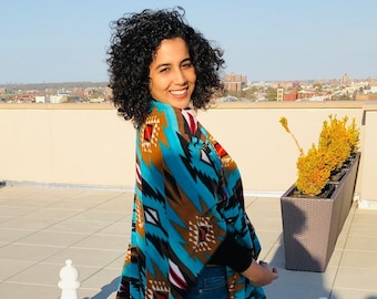 Zoofleece Blue Brown Southwestern Aztec Tribal Indian American Women’s Poncho Cape