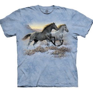 Horse Running Free Horses Equine Western Galloping Spirited Beautiful Wild Blue T-Shirt Horse Mountain Animal Cotton S-3X