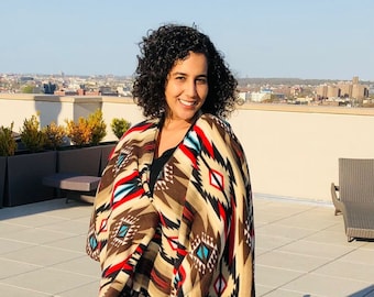 Zoofleece Beige Brown Southwestern Aztec Tribal Indian American Women’s Poncho Cape