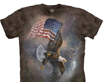 Eagle Bearing Flag American Bald Eagles Bird Waterfall Wild Animal Soaring Eye The Mountain Brown Cotton Adult T-Shirt M-3X