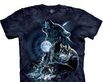 Wolf Familie Heulen Bark bei Mond Wild Frei Wölfe Pack Loyal Grauer Wolf Hund Tier Der Berg Blau Geschenk Baumwolle Erwachsene T-Shirt S-5X