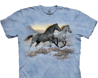 Horse Running Free Horses Equine Western Galloping Spirited Beautiful Wild Blue T-Shirt Horse Mountain Animal Cotton S-3X