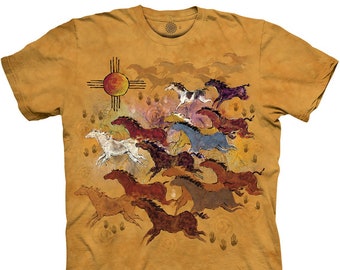 Horses and Sun Yellow Running Galloping Spirited Beautiful Wild T-Shirt Horse Mountain Animal Cotton S-5X