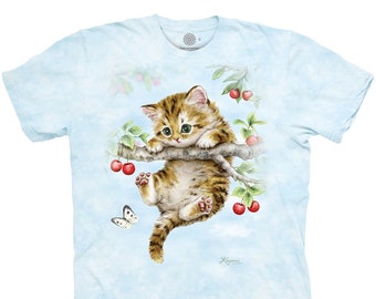 The Mountain Cherry Cat Kitten Branch Kitty Cats Butterfly Gift Cute Purring Meow Kayomi Neko Cotton Adult Blue T-Shirt S-3X