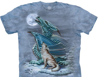 Dragon Wolf Moon Howling Legendäre geflügelte gehörnte Kreatur Magische Fantasie Der Berg Blaue Baumwolle für Erwachsene T-Shirt S