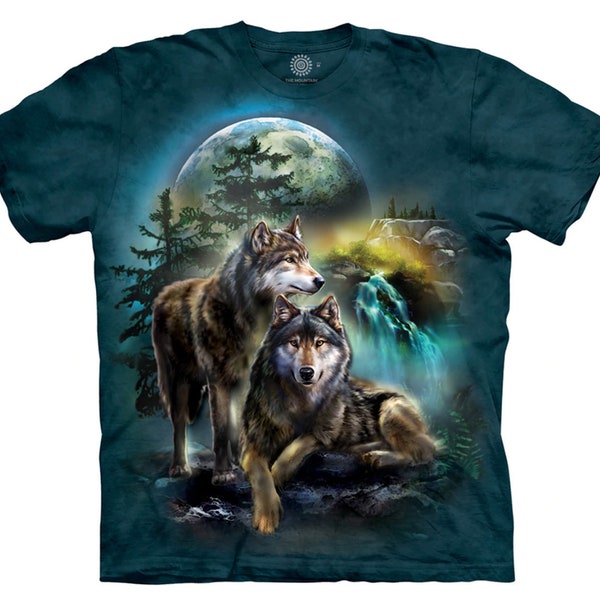 Wolf Lookout Familj Månen Vattenfall Vilda Vargar Flock Lojal Grå Varg Hund Djur Berget Grön Bomull Vuxen T-shirt S-3X