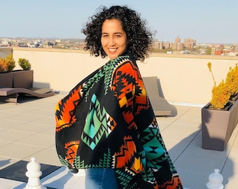 Zoofleece Black Orange Southwestern Aztec Tribal Indian American Women’s Poncho Cape