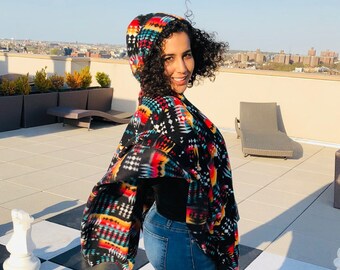 Zoofleece Black Southwestern Aztec Tribal Indian American Women’s Hooded Poncho Cape