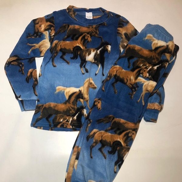 Pijamas equinos azules para niños, yeguas, caballos, animales ecuestres, pijamas de forro polar cómodos, cálidos, regalo de cumpleaños para niños