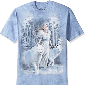 Wolves Winter Guardians Snow Wolf Woman Magical Fantasy Beautiful Mythical Spirit Blue Cotton Adult Mountain T-Shirt S-L