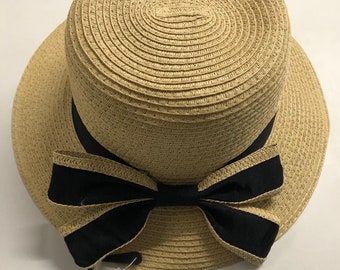 Beach Black Bow Church Cloche Straw Floppy Women's Toast Natural Sun Hat SPF50