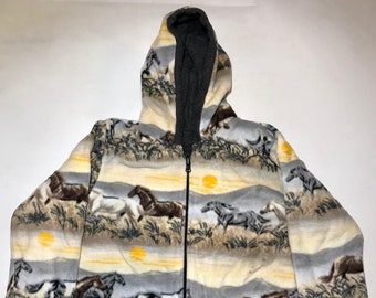Horse Kids Reversible Heavy Weight Hooded Horses Mare Yellow Sunrise Western Fleece Children  Jacket Winter