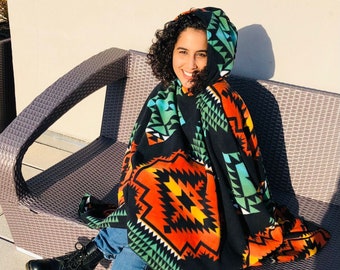 Zoofleece Black Orange Southwestern Aztec Tribal Indian American Women’s Hooded Poncho Cape