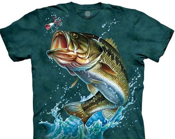 May include: A green t-shirt with a largemouth bass jumping out of the water and catching a lure. The bass is brown and green with a white mouth. The water is blue and green with white splashes.