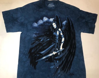 Fairy Fallen Angel Sword Warrior Wings Beautiful Dark Mythical Spirit Magical Fantasy The Mountain Blue Cotton Adult T-Shirt S-4X